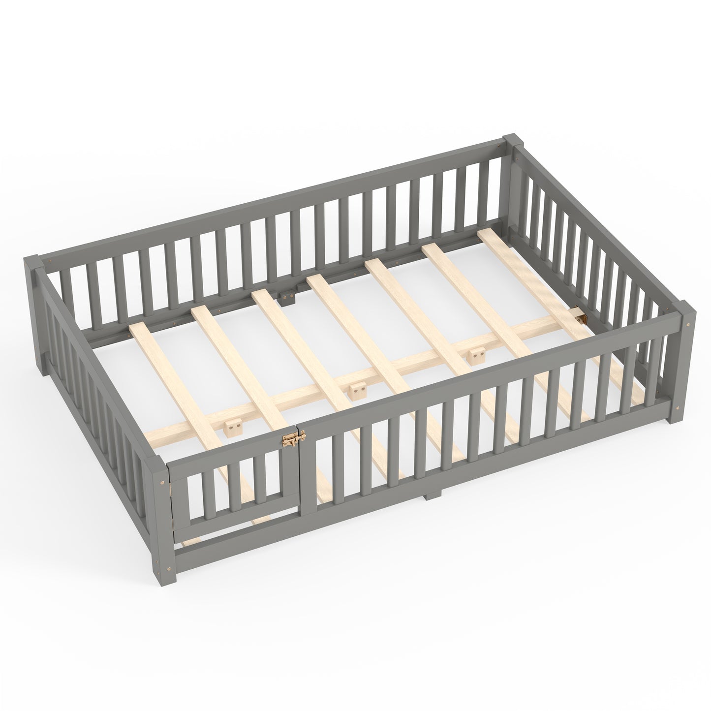 variant-group:rf-w1580p462318|Roomfitters Full Size Wooden Floor Bed Frame with Safety Guardrails Door, Solid Wood Low Profile Toddler Play Bed, Gray