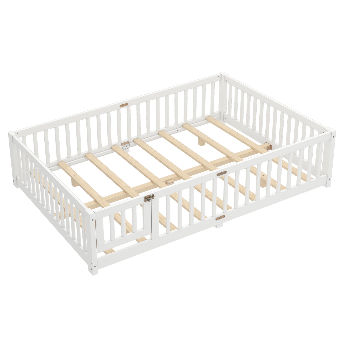 variant-group:rf-w1580p338953|Roomfitters Wooden Queen Floor Bed Frame with Door & Safety Guardrails, Low Platform Design for Bedroom or Playroom, White