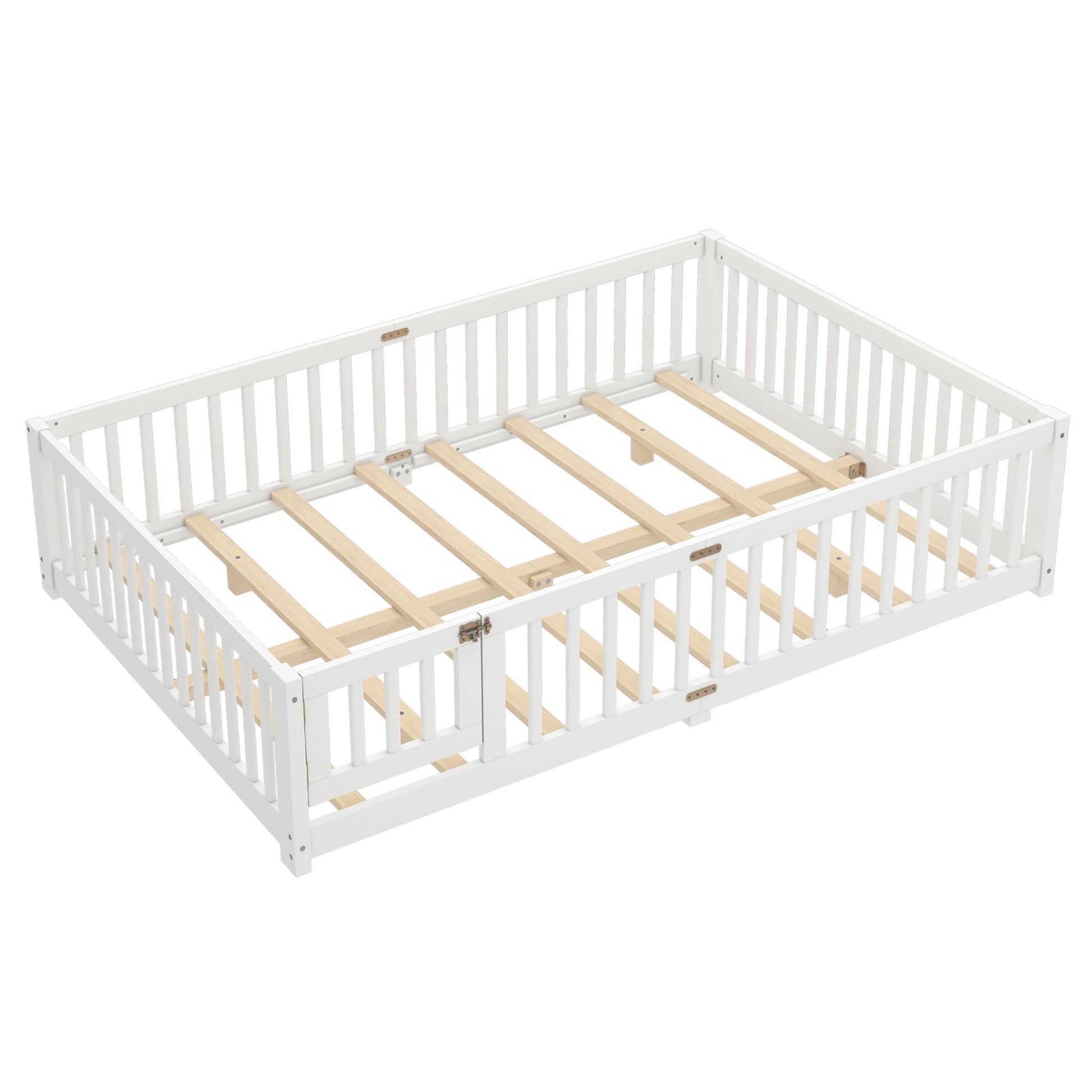 variant-group:rf-w1580p338953|Roomfitters Wooden Queen Floor Bed Frame with Door & Safety Guardrails, Low Platform Design for Bedroom or Playroom, White