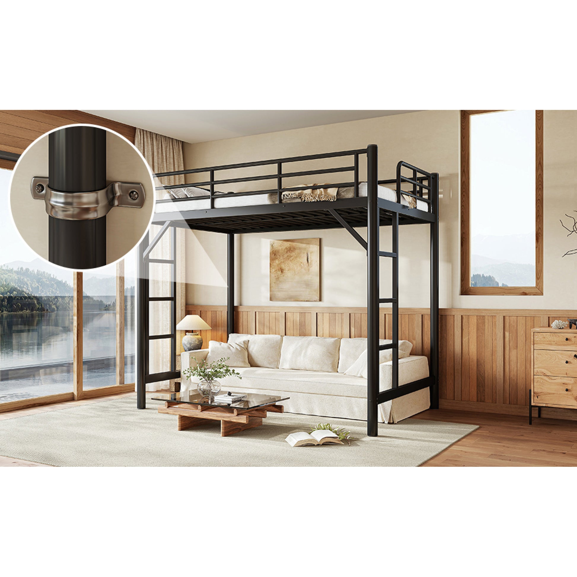 variant-group:rf-w1580p455010|Roomfitters Twin Size Metal Loft Bed Frame with Guardrails, Heavy Duty Space Saving High Loft Bed Dual Ladders, Black