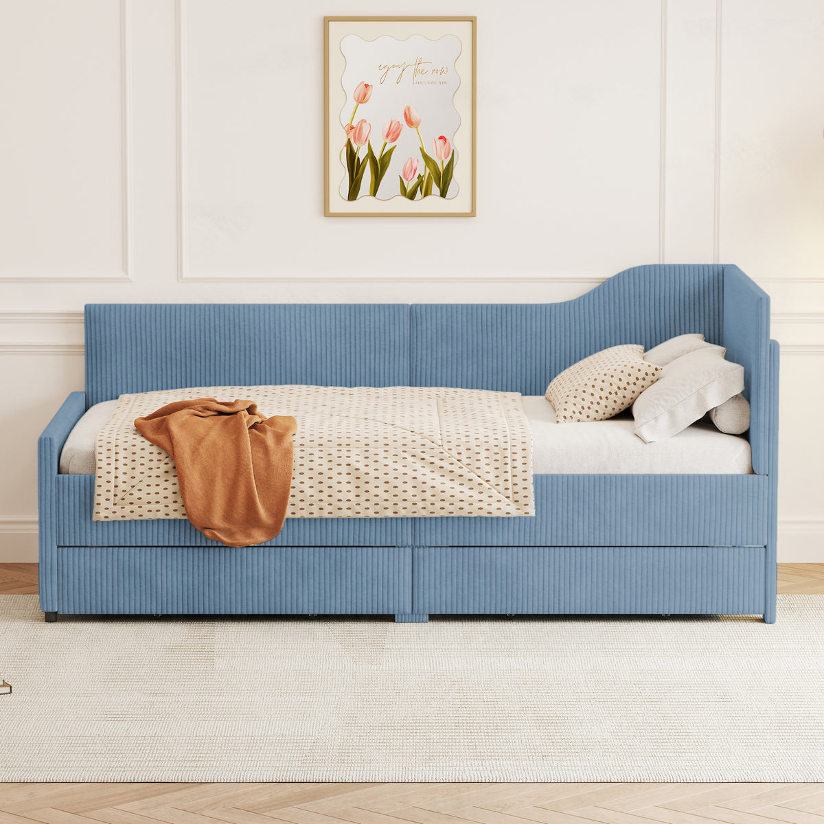 variant-group:rf-n733p171470c|Roomfitters Twin Size L-Shaped Corduroy Daybed, Upholstered Platform Bed Frame with 2 Spacious Storage Drawers for Functional Elegance, Blue