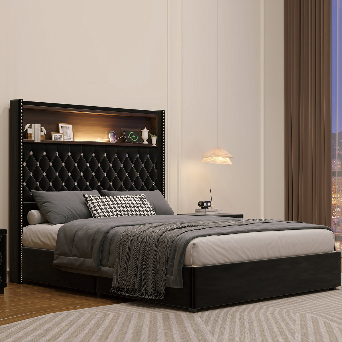 variant-group:rf-n733p368653b|Roomfitters Full Velvet Tufted Platform Bed with Charging Ports, Tall Wingback Headboard with Rivet Trim and Shelf, Black