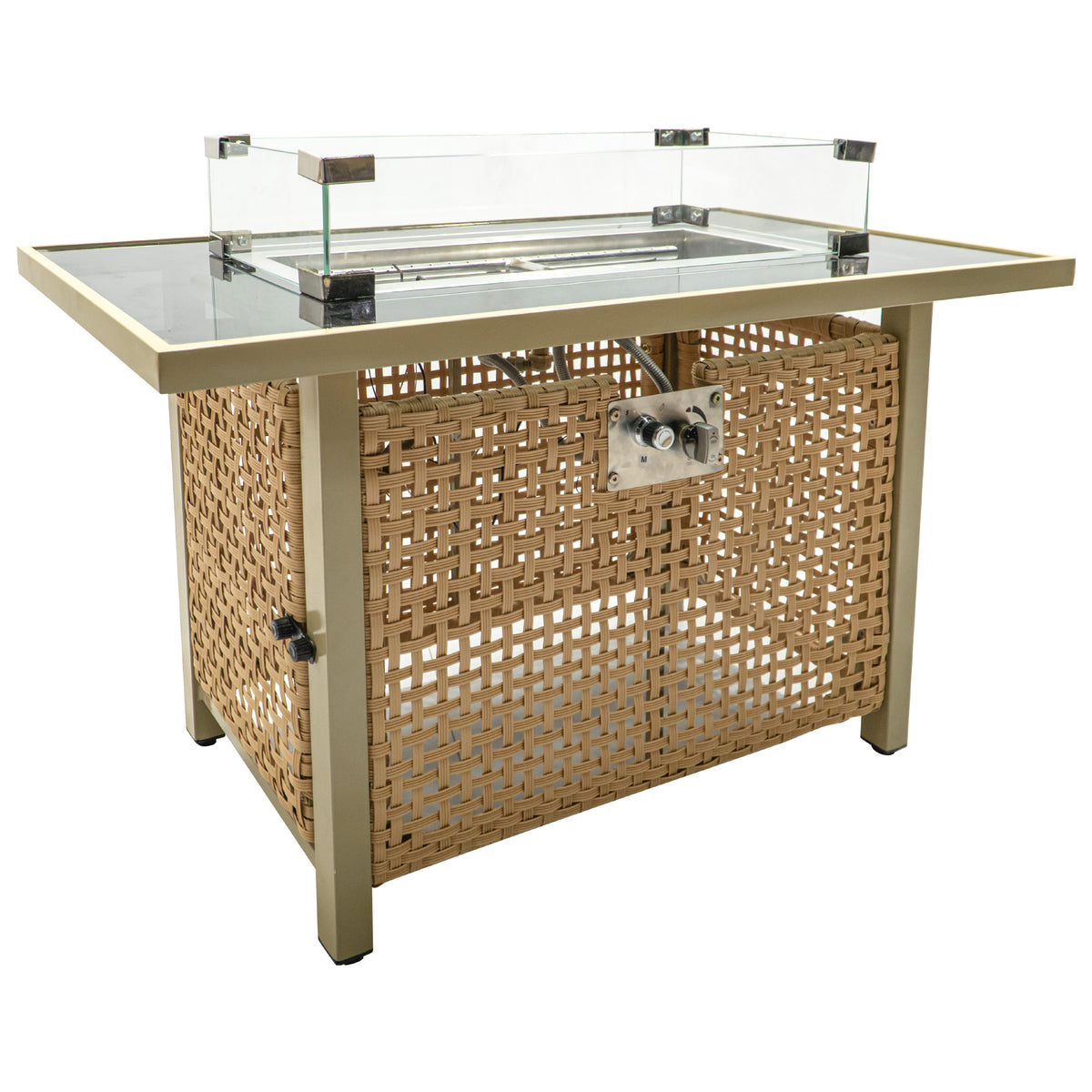 variant-group:rf-n707p210158z|Roomfitters 43" Propane Fire Pit Table, 60,000 BTU Rectangular Wicker Fire Pit with Glass Wind Guard for Patio, Natural