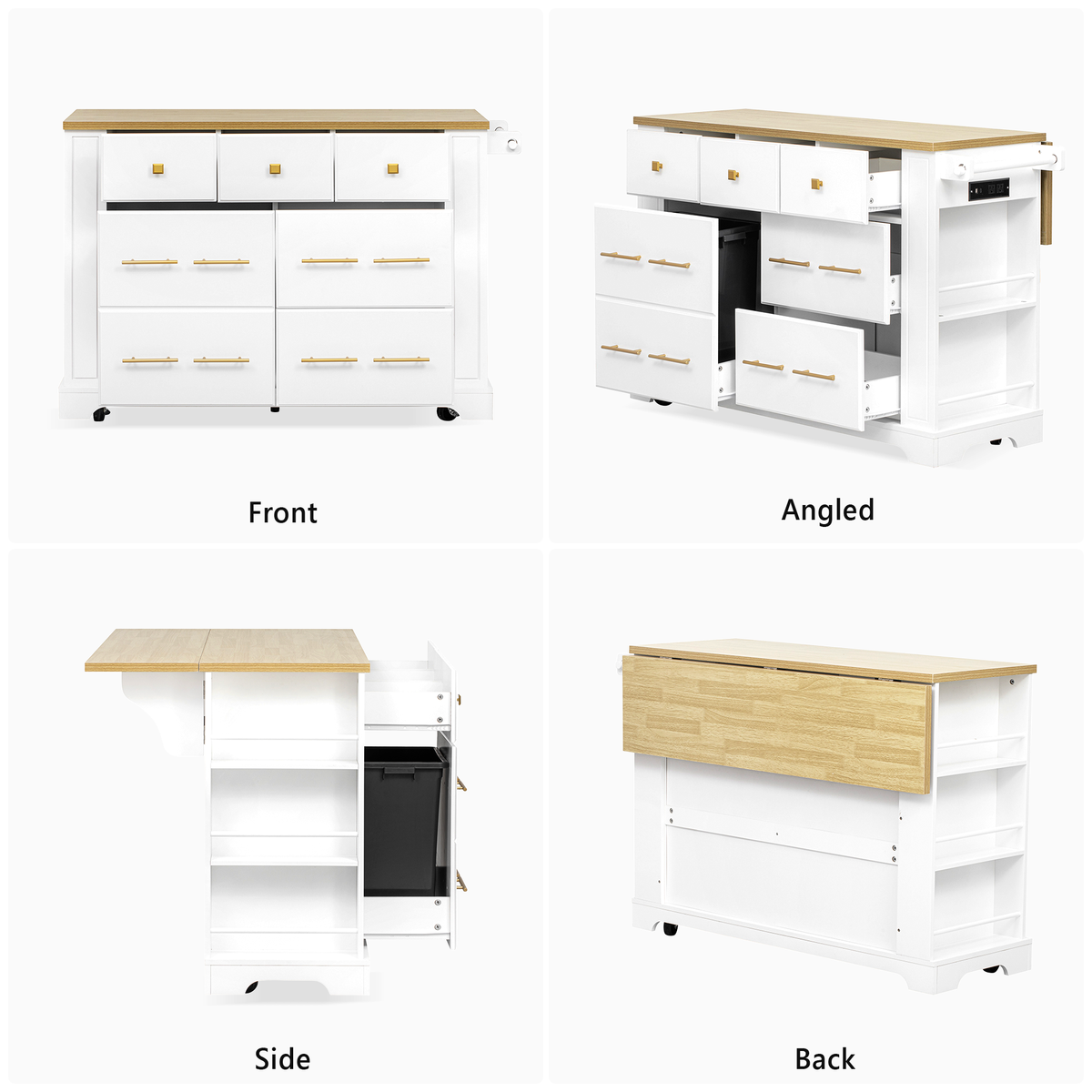 variant-group:rf-n707s307292w|Roomfitters 51" Kitchen Island with Power Outlet and Drop Leaf, Rolling Cabinet with Pull-Out Trash Can Drawer, White