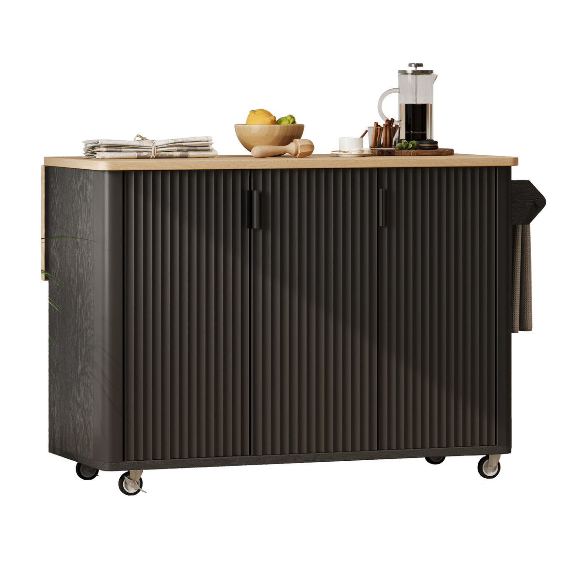 variant-group:rf-n707p221446b|Roomfitters 51" Fluted Kitchen Island with Drop Leaf, Rolling Cart with Storage Rack, Farmhouse Style, Towel Rack, Black