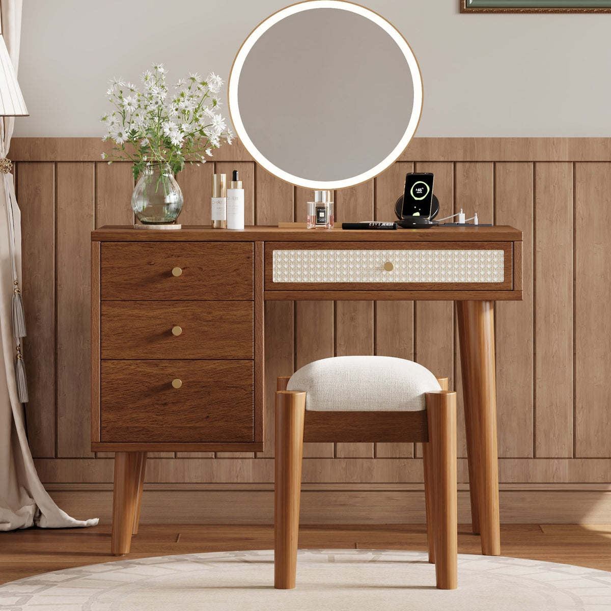 Roomfitters Wooden Nightstand with Two Storage Cabinets, End Table for Bedroom, White and Pink