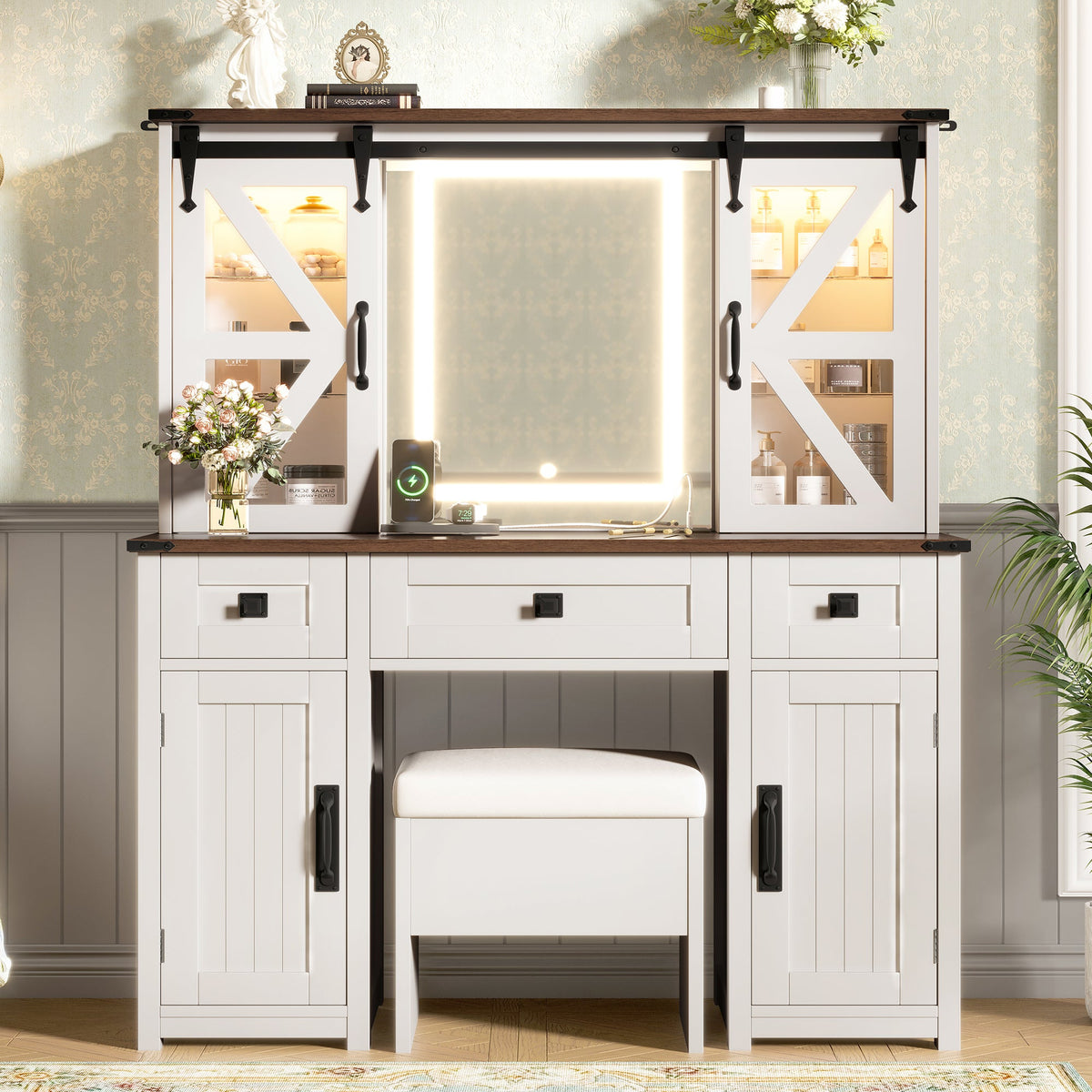 Roomfitters Farmhouse Makeup Vanity Desk with Lighted Mirror, Vanity Table Set with Storage Stool, Charging Station, Beige Roomfitters
