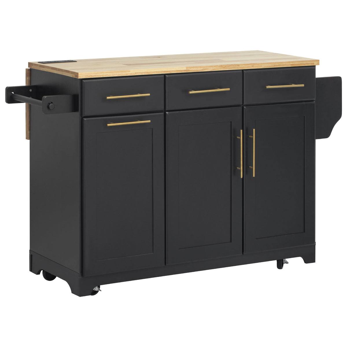 variant-group:rf-n707s299014b|Roomfitters 59.3" Kitchen Island with Power Outlet, Drop Leaf and Double Trash Can Pull Out, Rolling Cart, Black