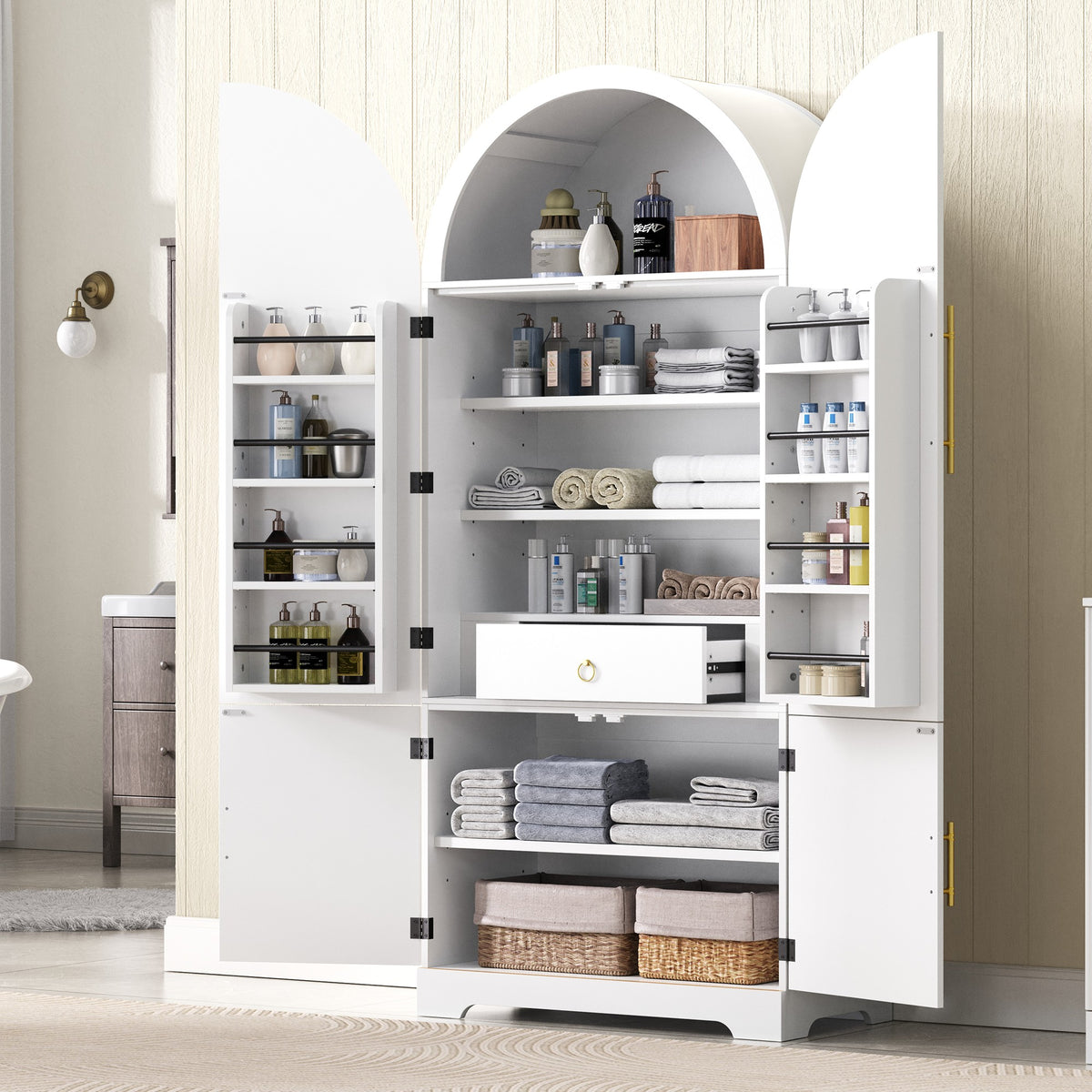 variant-group:rf-n707s000020w|Roomfitters 72" Tall Arched Kitchen Pantry Cabinet with Fluted Doors & Hidden Drawer, White