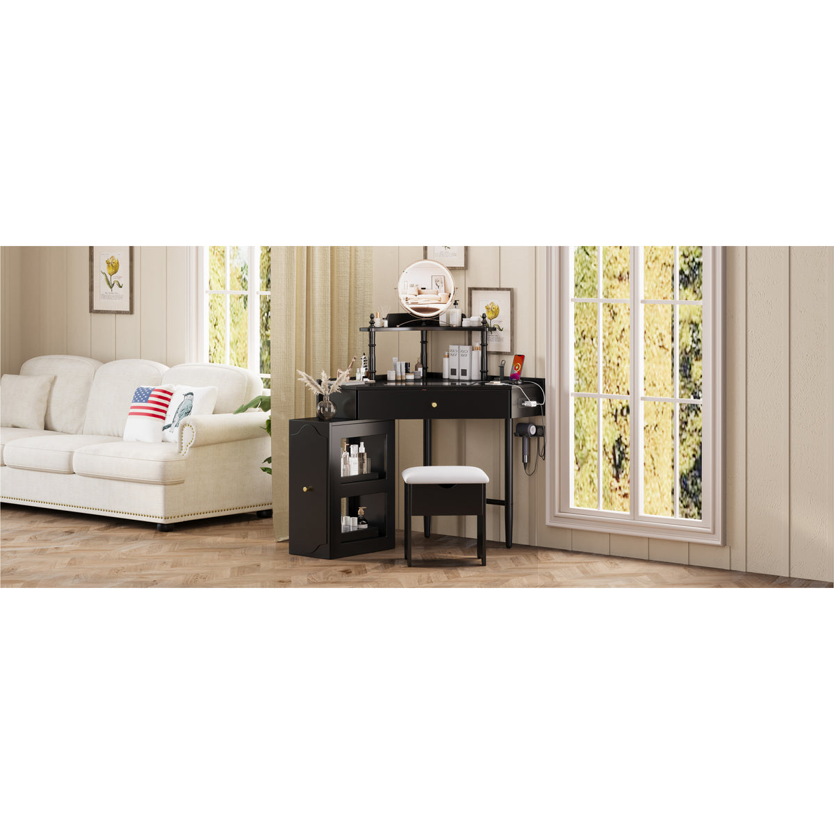 variant-group:rf-n733p336237b|Roomfitters Corner Vanity Desk Set with Stool, Charging Station, Glass Top, Drawer, Shelf, Pull-Out Cabinet, Black
