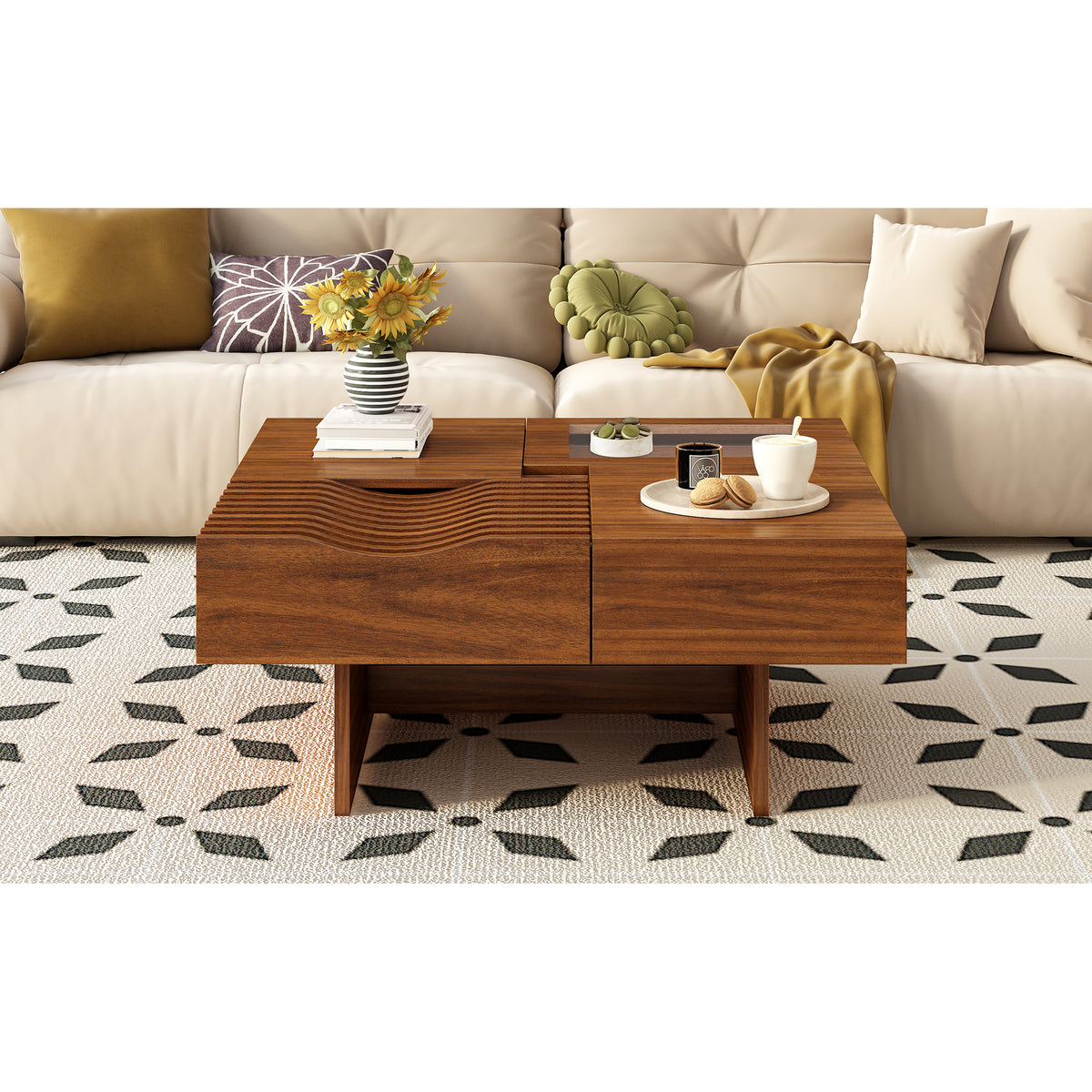variant-group:rf-n724p270432d|Roomfitters Square Mid-Century Coffee Table with Glass Top and 3 Storage Compartments, Solid Wood Legs, Brown