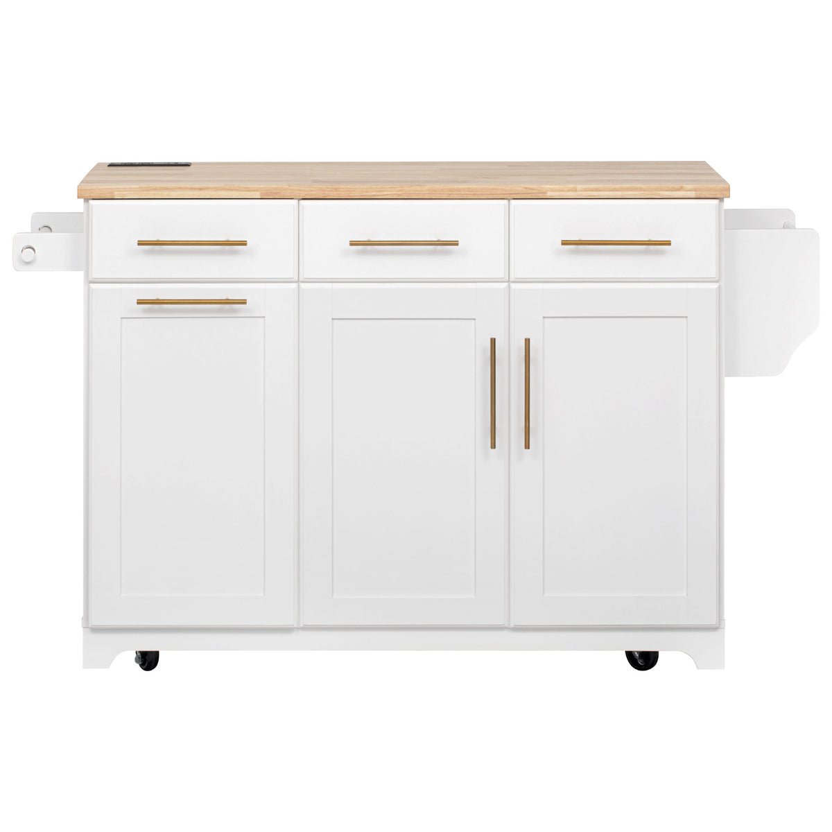 variant-group:rf-n707s299014w|Roomfitters 59.3" Kitchen Island with Power Outlet, Drop Leaf and Double Trash Can Pull Out, Rolling Cart, White