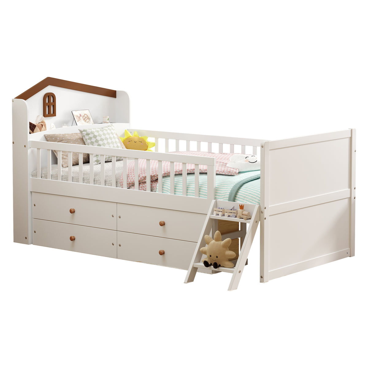 variant-group:rf-n733s278032k|Roomfitters Twin Platform Bed Frame with Four Drawers, Wooden Kids Bed with Guardrail Headboard and Ladder, White