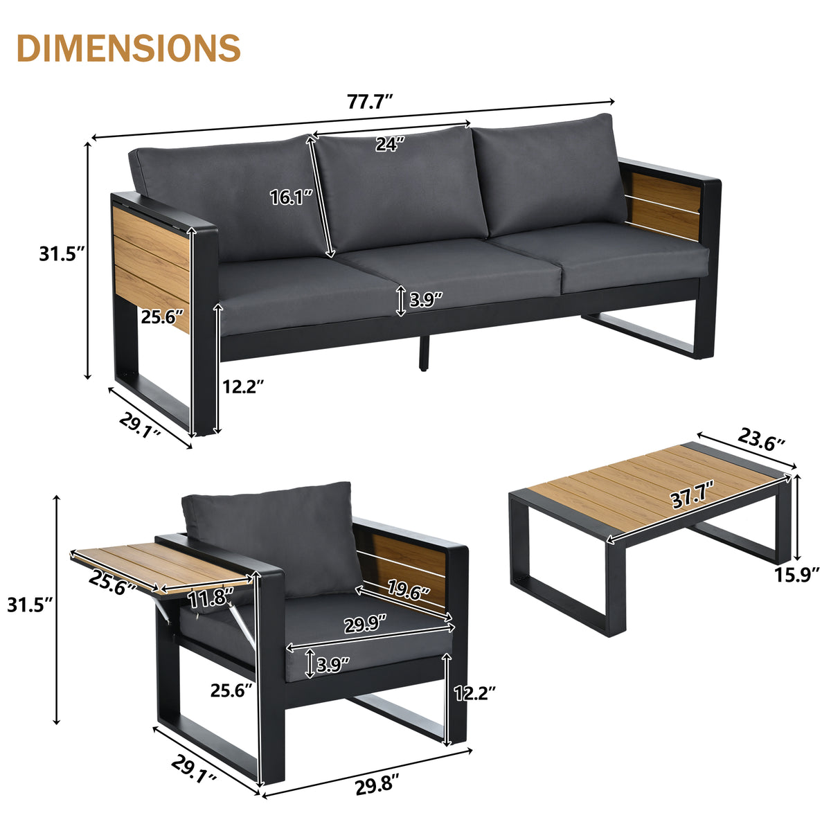 variant-group:rf-n704g201257e|Roomfitters 4-Piece Aluminum Patio Conversation Set with Four Fold-Out Side Trays and Slatted Coffee Table Gray