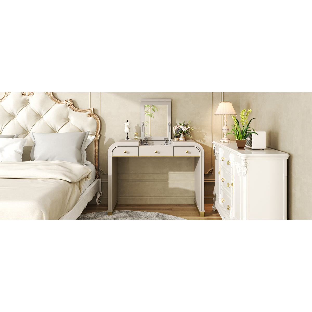 variant-group:rf-n704p381406c|Roomfitters Flip Top Vanity Desk with Mirror and Hidden Storage, Modern Makeup Table with Gold Trim for Small Space, Champagne