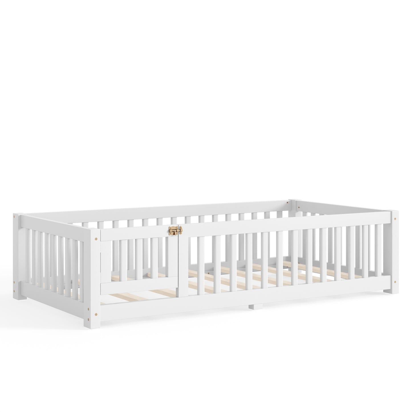 variant-group:rf-w1580p462311|Roomfitters Twin Size Wooden Floor Bed Frame with Safety Guardrails Door, Solid Wood Low Profile Toddler Play Bed, White