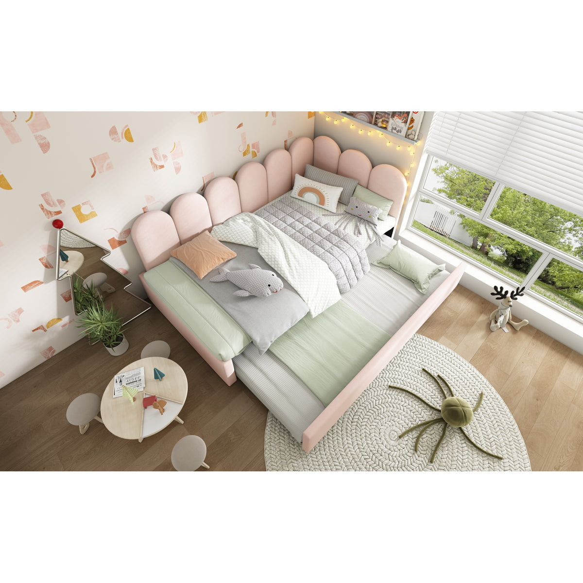 variant-group:rf-n736aa20362122p|Roomfitters Velvet Upholstered Twin Daybed with Pull Out Trundle, Sofa Bed with Metal Slat Frame, Pink
