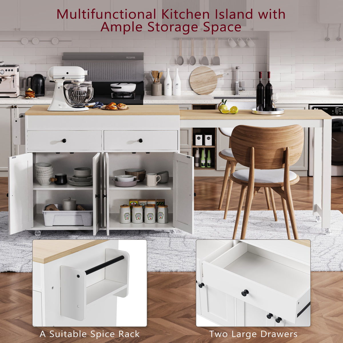 variant-group:rf-n707p333291w|Roomfitters 74.8" Rolling Kitchen Island with Extendable Dining Table, Mobile Cart with 4 Doors, 2 Drawers & Spice Rack, White