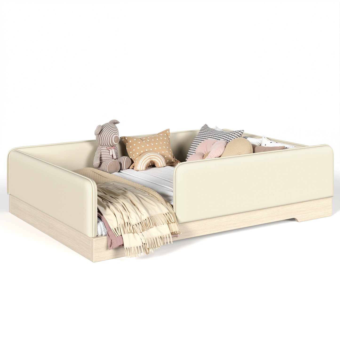 variant-group:rf-w1580s00671|Roomfitters Full Size Upholstered Floor Bed Frame with Removable Guardrails, Faux Leather Low Profile Platform, Beige