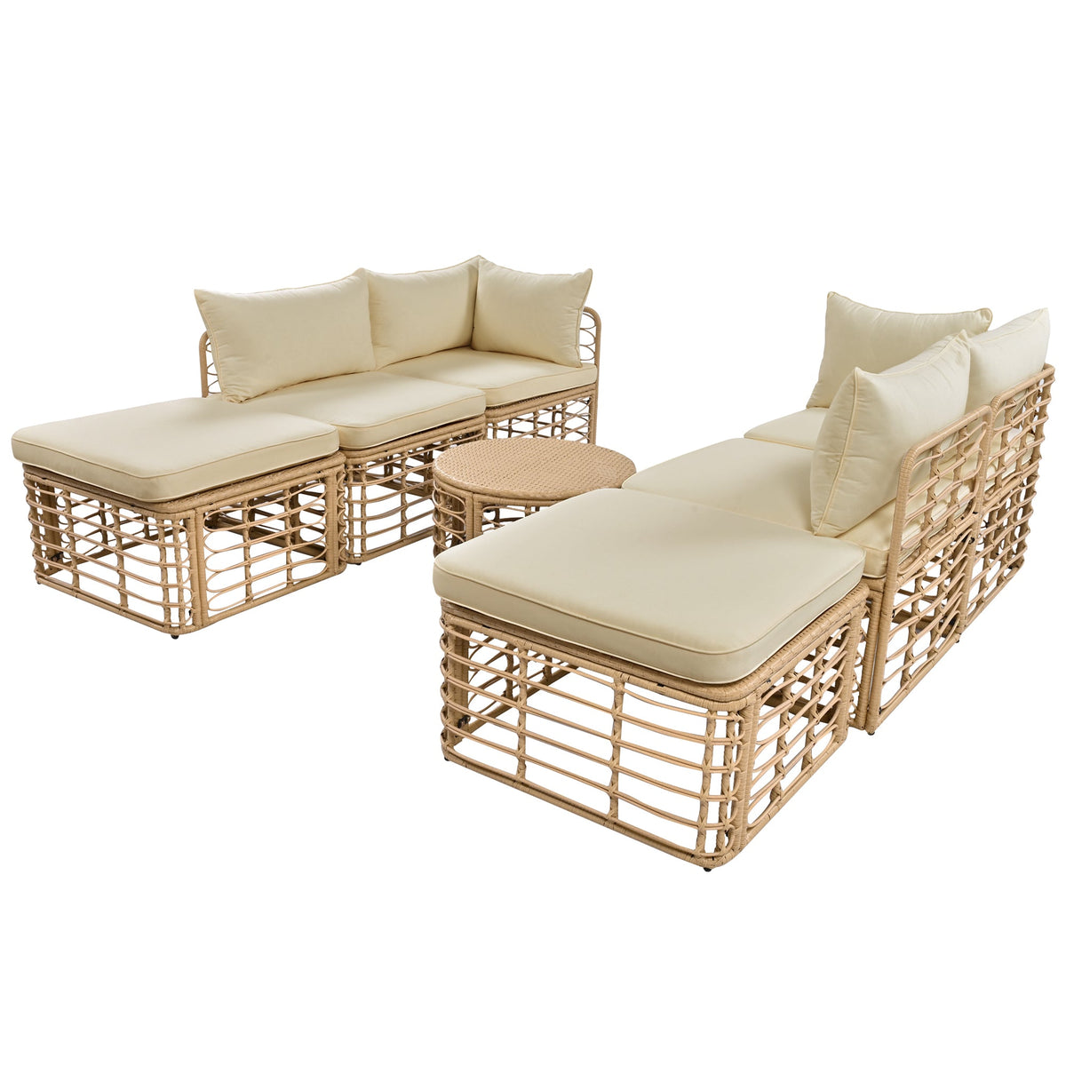Roomfitters 7-Piece Contemporary Hollow-Woven Rattan Sectional Sofa Set with Round Coffee Table Brown Roomfitters
