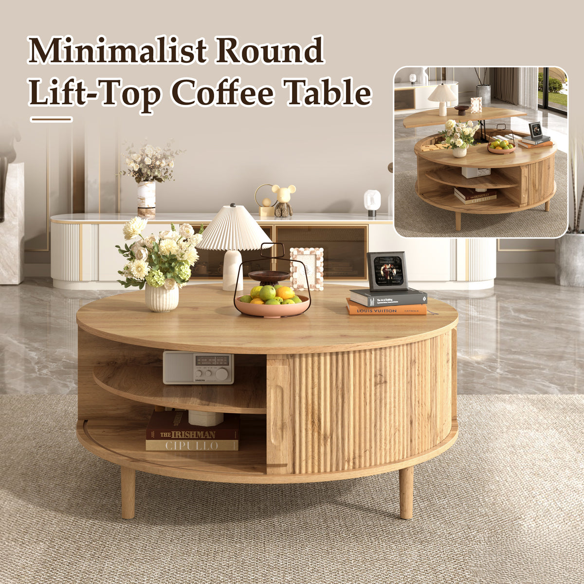 variant-group:rf-n724p416053d|Roomfitters Minimalist Round Lift-Top Coffee Table with Side Sliding Door, Acacia Wood