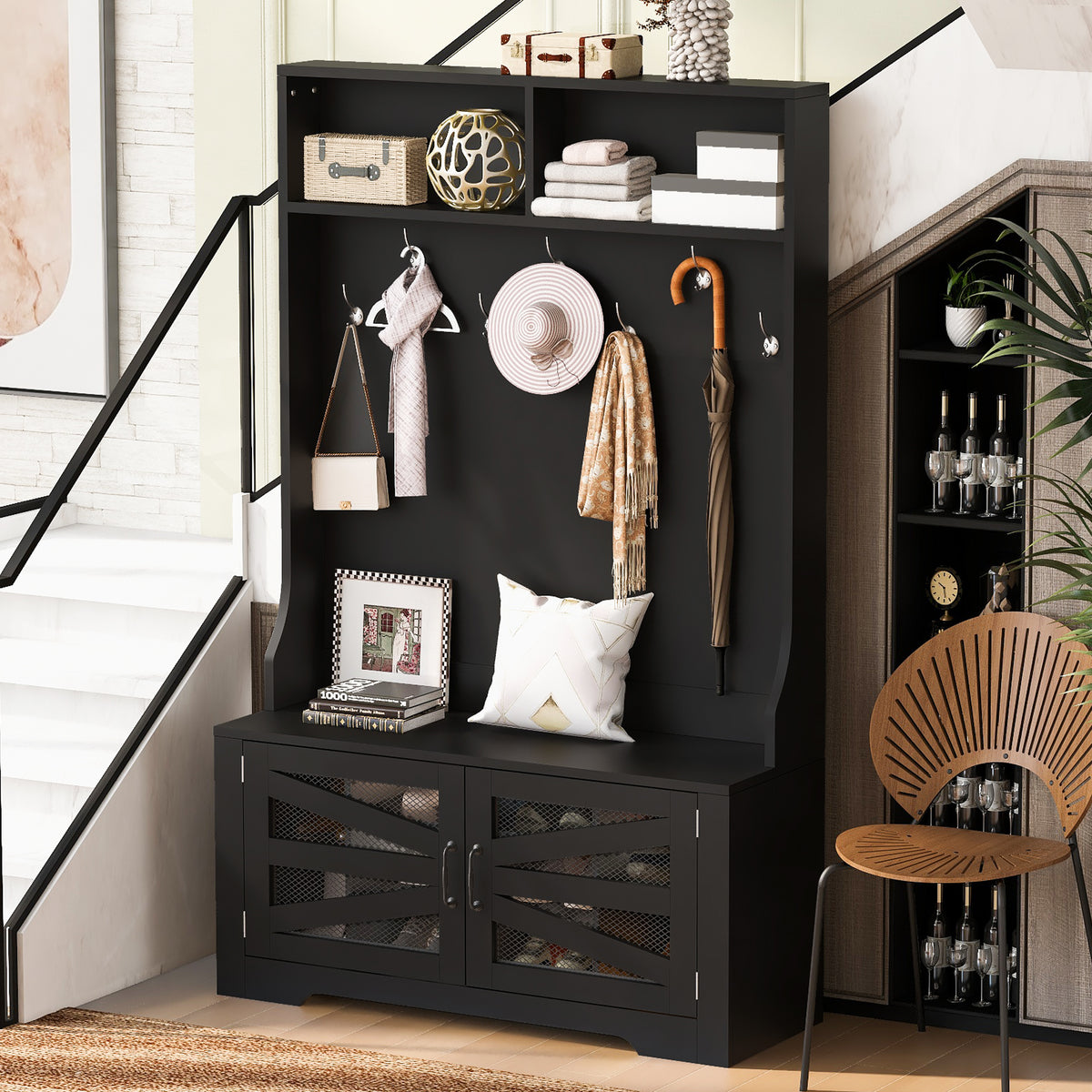 variant-group:rf-n724p264668b|Roomfitters 3-in-1 Entryway Bench with Coat Rack, Adjustable Shelves and 7 Hooks, 43.3" Hall Tree for Entrance or Living Room, Black