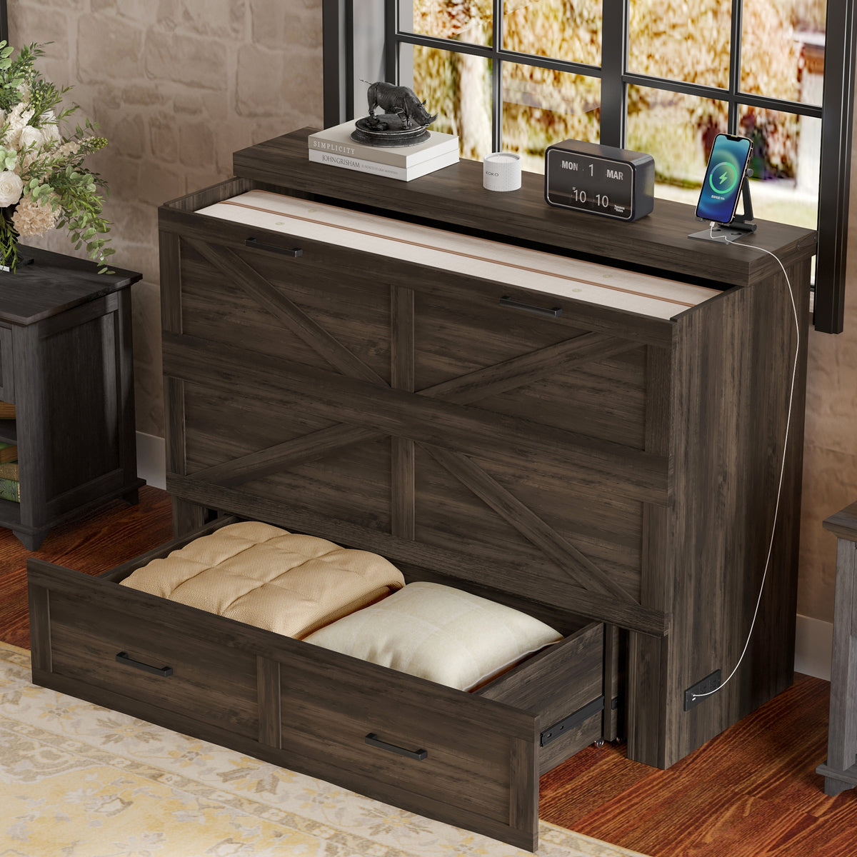 variant-group:rf-n733s237853g|Roomfitters Full Size Farmhouse Murphy Cabinet Bed with Charging Station, Foldable Platform Bed with Large Storage for Guest Room, Small Bedroom, Rustic Gray