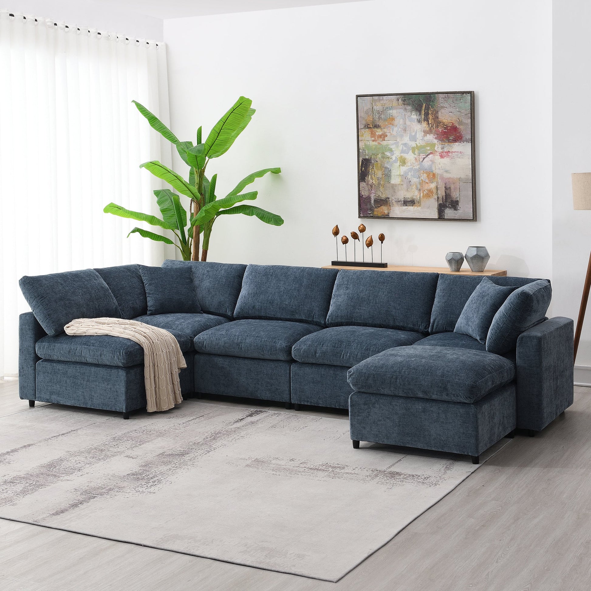 Roomfitters 130 Inch U-Shaped Modular Sectional Sofa Bed, Cloud Sleeper Couch with Plush Cushions for Living Room, Dark Blue Roomfitters