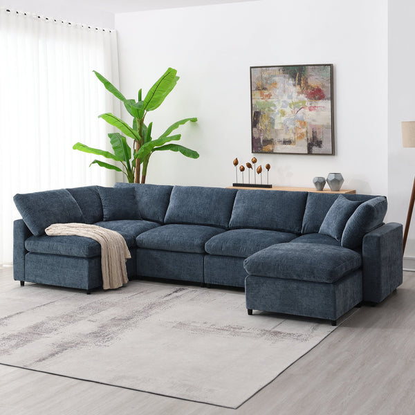 Roomfitters 130 Inch U-Shaped Modular Sectional Sofa Bed, Cloud Sleeper Couch with Plush Cushions for Living Room, Dark Blue