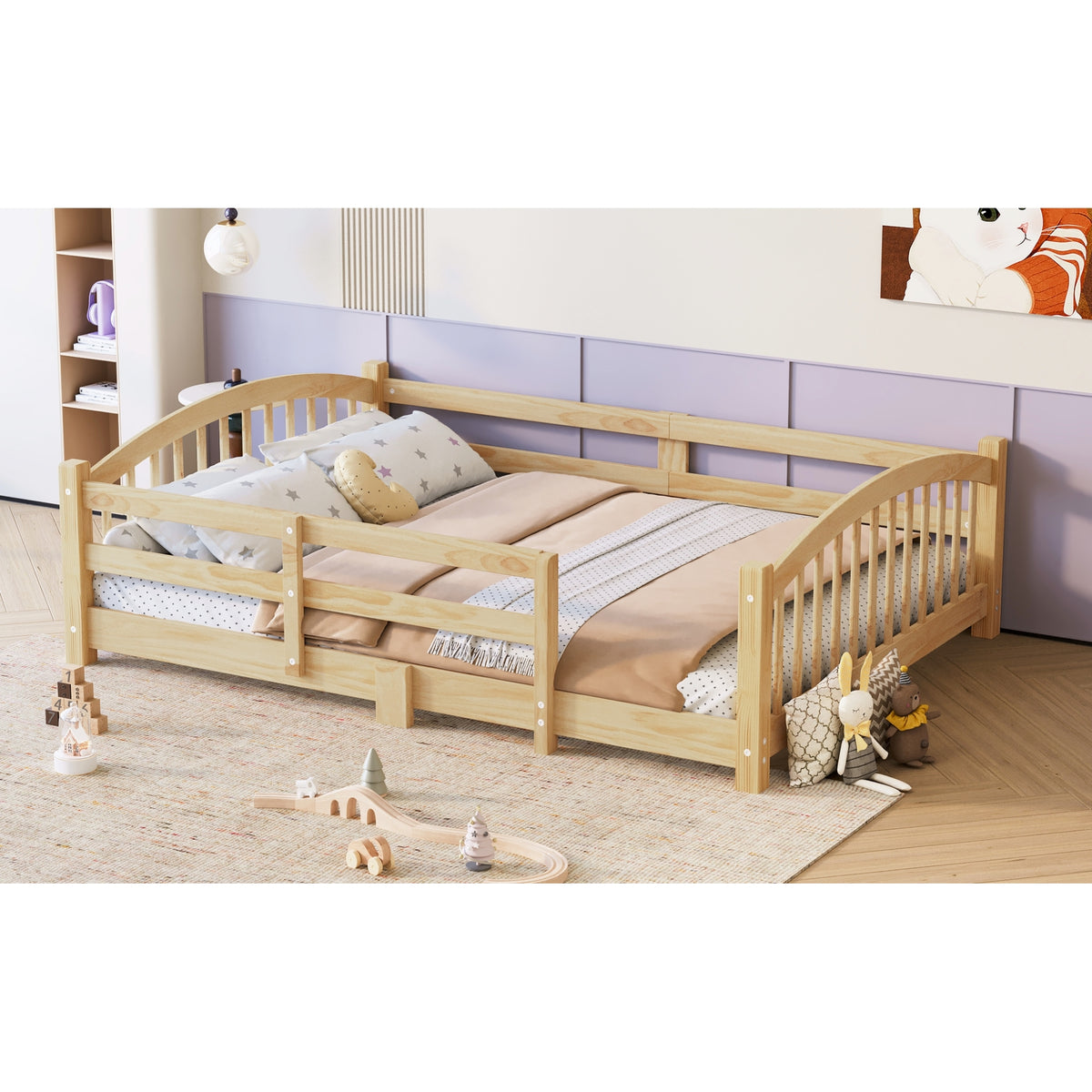 variant-group:rf-n733p400299n|Roomfitters Full Montessori Floor Bed with Guardrails, Solid Wood Low Platform Bed with Slats, Easy Assembly, Natural