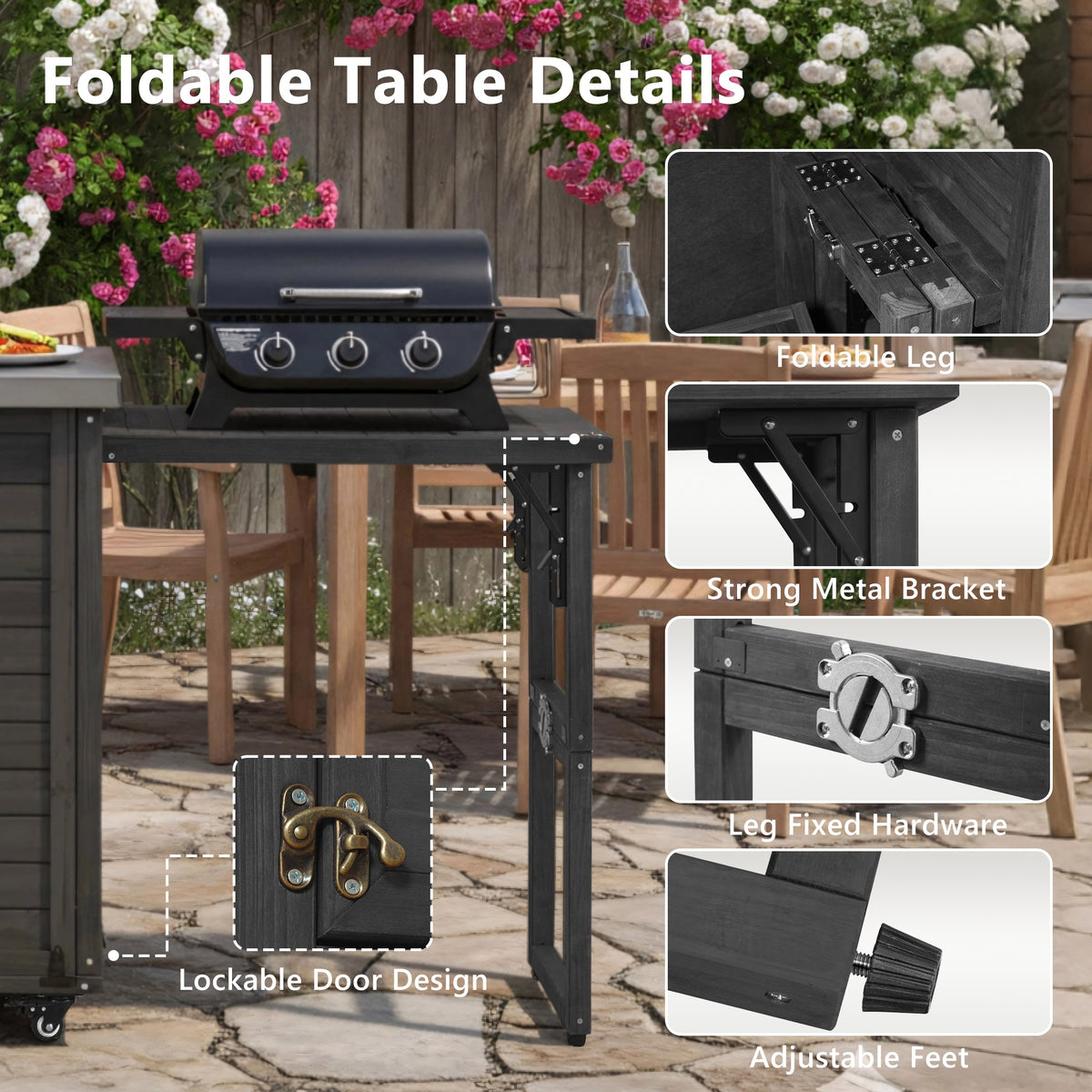 variant-group:rf-n707p370276b|Roomfitters 78.3" Outdoor Kitchen Island with Foldable Grill Table, Stainless Steel Top & Tilt Trash Can Storage, Black