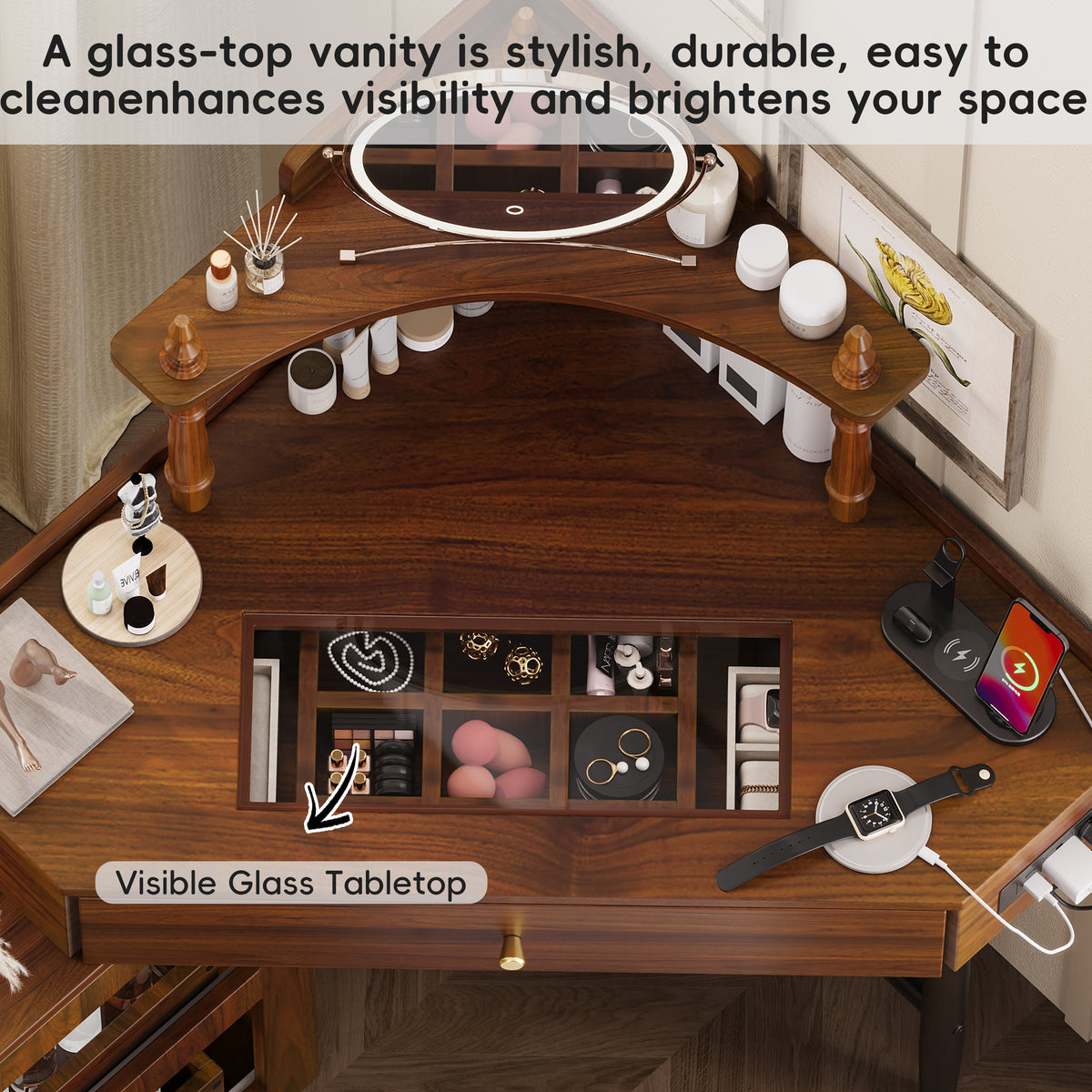 variant-group:rf-n733p336237d|Roomfitters Corner Vanity Desk Set with Stool, Charging Station, Glass Top, Drawer, Shelf, Pull-Out Cabinet, Walnut
