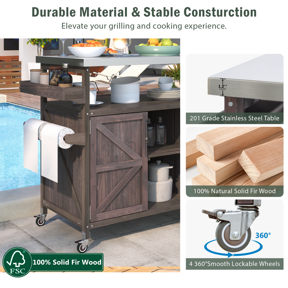variant-group:rf-n707wf532198aaz|Roomfitters Outdoor Kitchen Island Rolling Bar Cart & Storage Cabinet, Farmhouse Solid Wood Outdoor Grill Table with Stainless Steel Top, Spice Rack, Towel Rack for Kitchen & Barbecue, Dark Brown