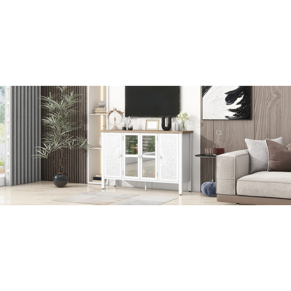 Roomfitters Retro TV Stand for up to 43 Inch TV, Media Console with Glass Cabinet Doors and Anti-Tip Safety Feature, White Roomfitters