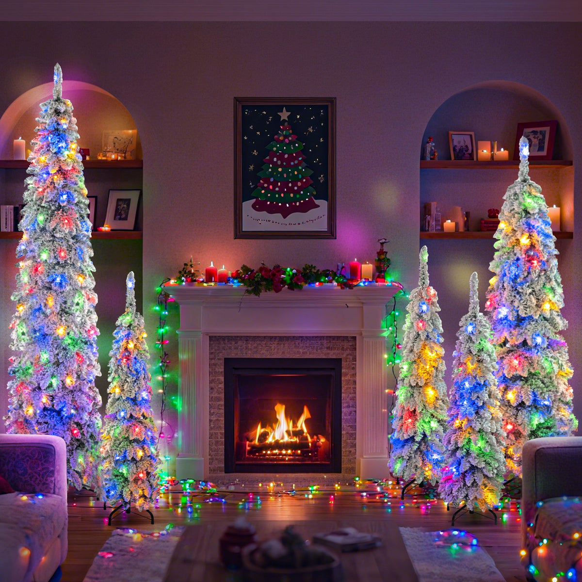 Roomfitters Pre-Lit Pencil Christmas Tree Set 8FT 6FT 4FT, 5-Pack Slim Snow-Flocked Artificial Trees with 1820 Tips, White Roomfitters