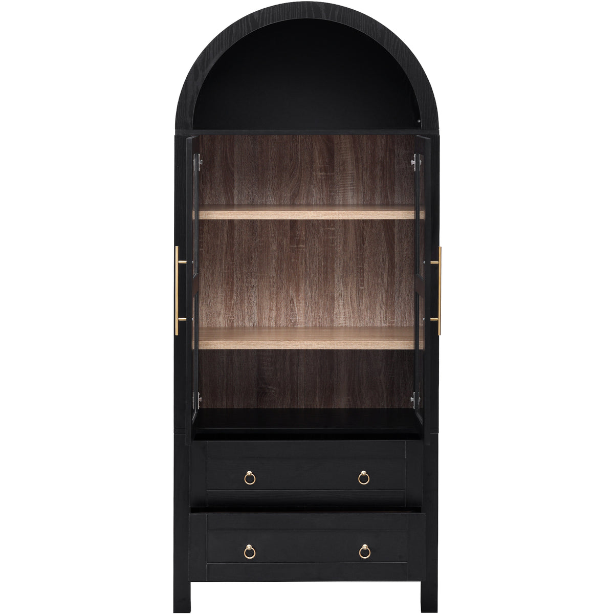variant-group:rf-n707p288972b|Roomfitters 71" Pantry Cabinet with Arched Top and Glass Doors, 2 Storage Drawers and Adjustable Shelves for Kitchen, Black