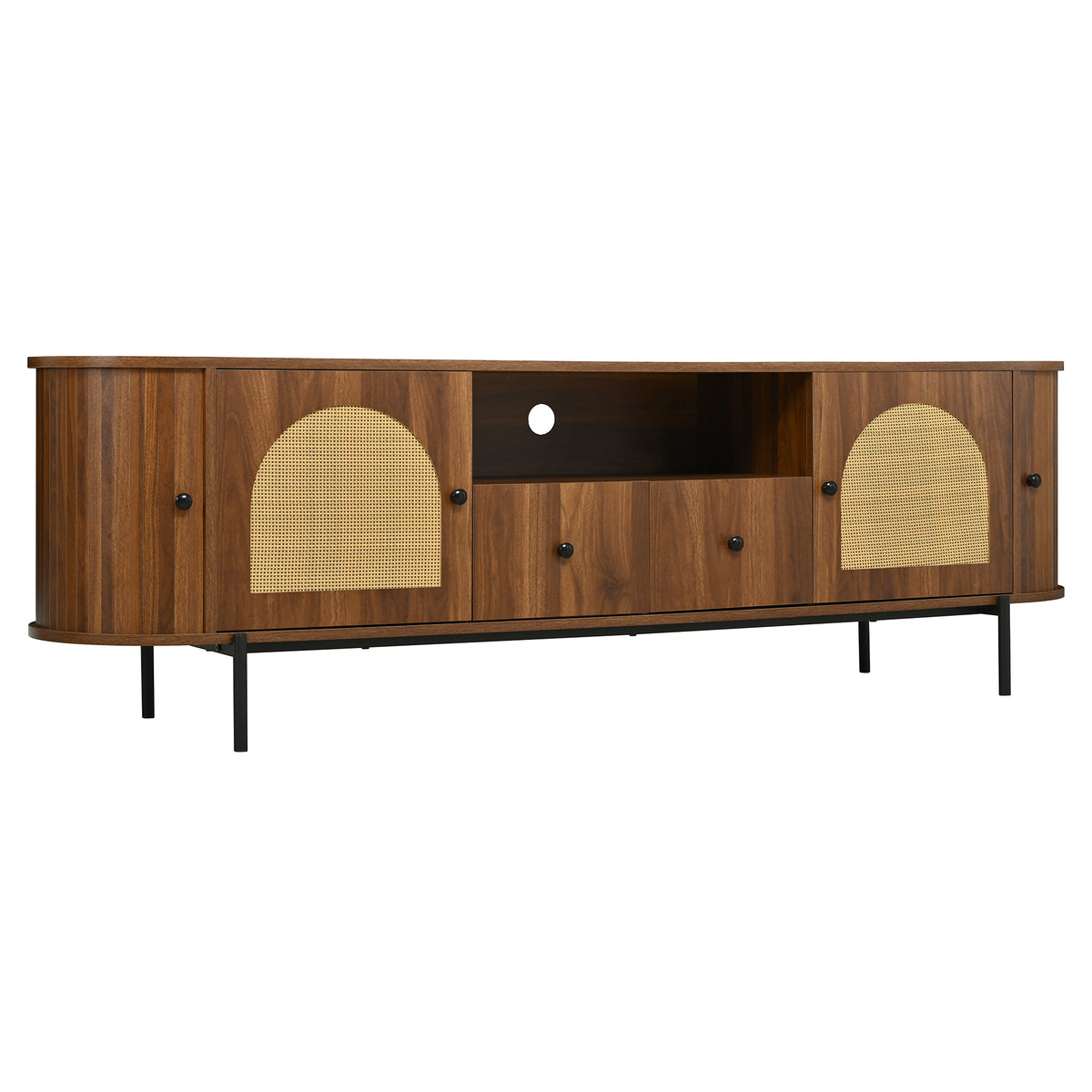 variant-group:rf-n724p437189m|Roomfitters American Style TV Stand with Rattan Arched Doors, Steel Legs, Antique Brown