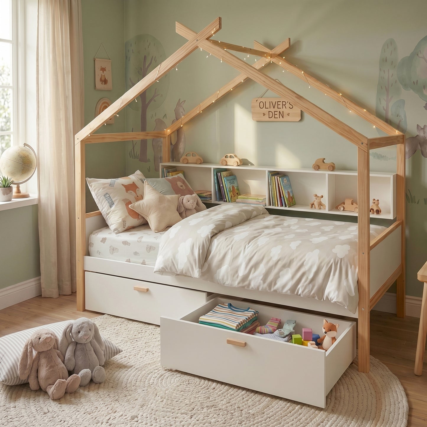 variant-group:rf-n701p443466k|Roomfitters Twin Size Wooden House Bed Frame with 2 Drawers, Bookshelf Storage Furniture, No Box Spring, White Natural