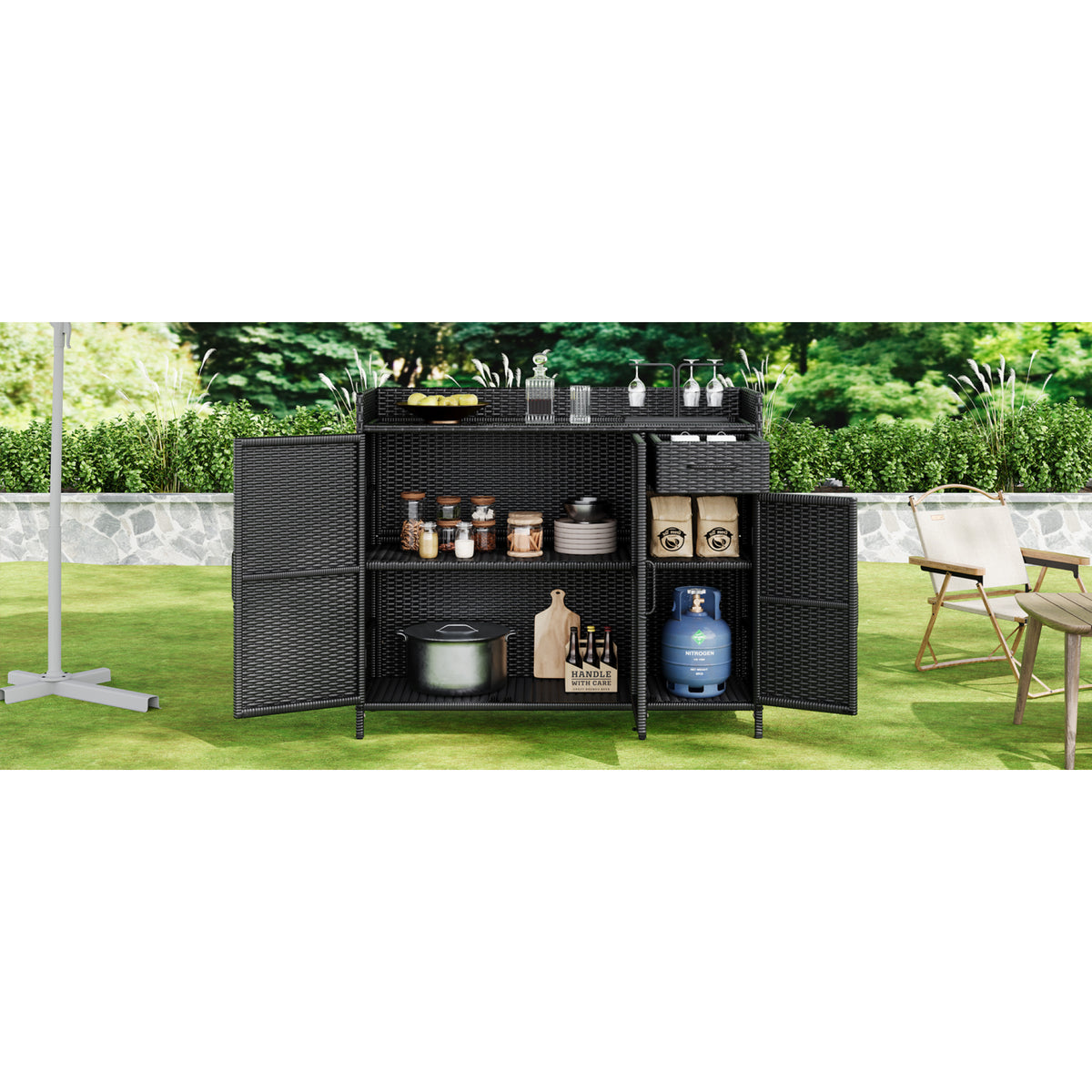 variant-group:rf-n707p233745b|Roomfitters 47.5" Wicker Outdoor Storage Cabinet, Rattan Bar Table with Glass Top, Adjustable Shelf, 3 Doors, Black Brown
