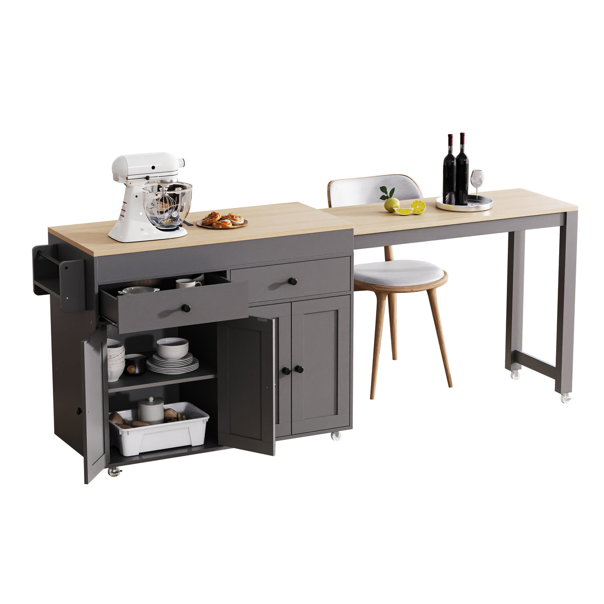 variant-group:rf-n707p333291g|Roomfitters 74.8" Rolling Kitchen Island with Extendable Dining Table, Mobile Cart with 4 Doors, 2 Drawers & Spice Rack, Grey