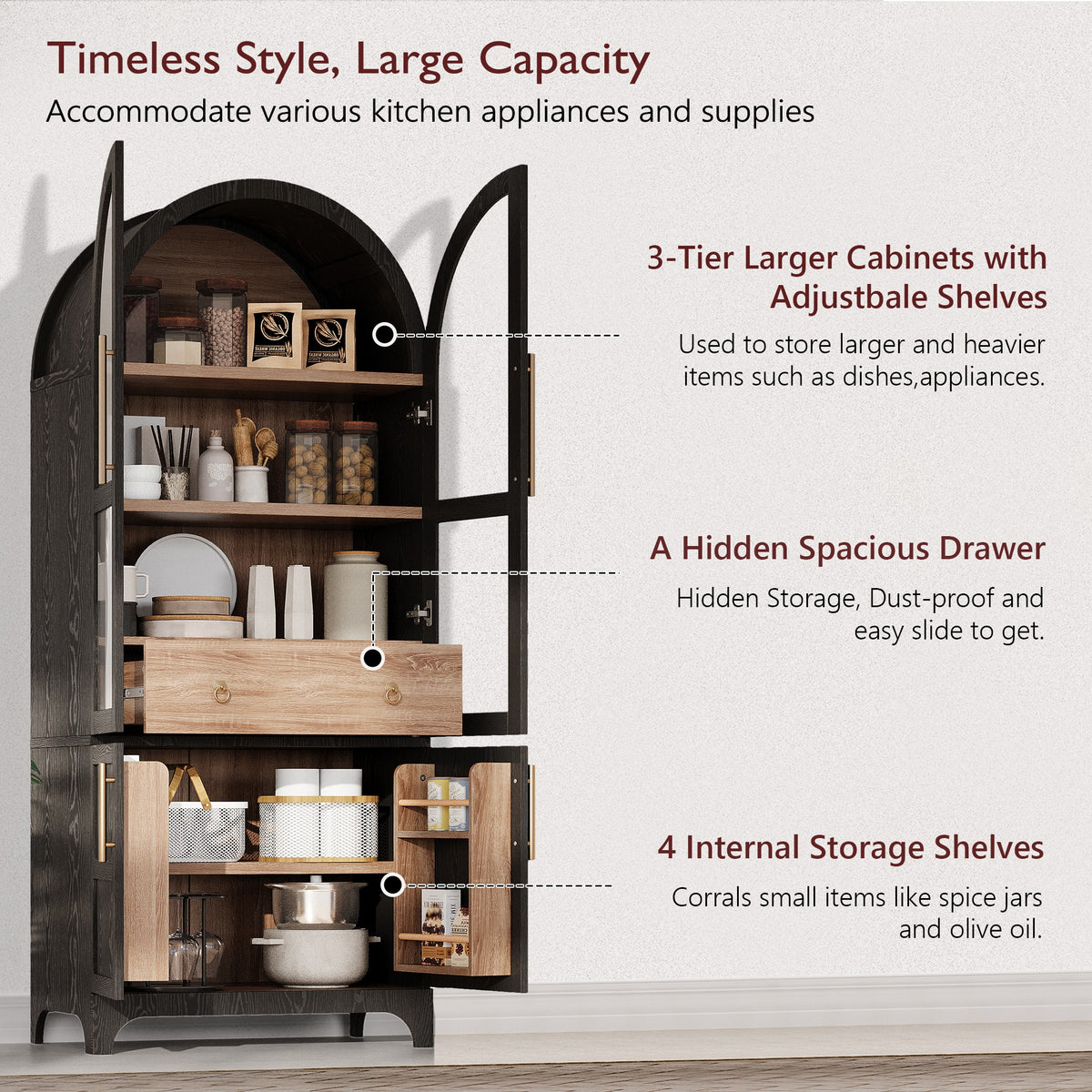 variant-group:rf-n707s288969b|Roomfitters 71" Pantry Cabinet with Arched Top & Glass Doors, 4-Door Storage Hutch with Adjustable Shelves for Kitchen, Black