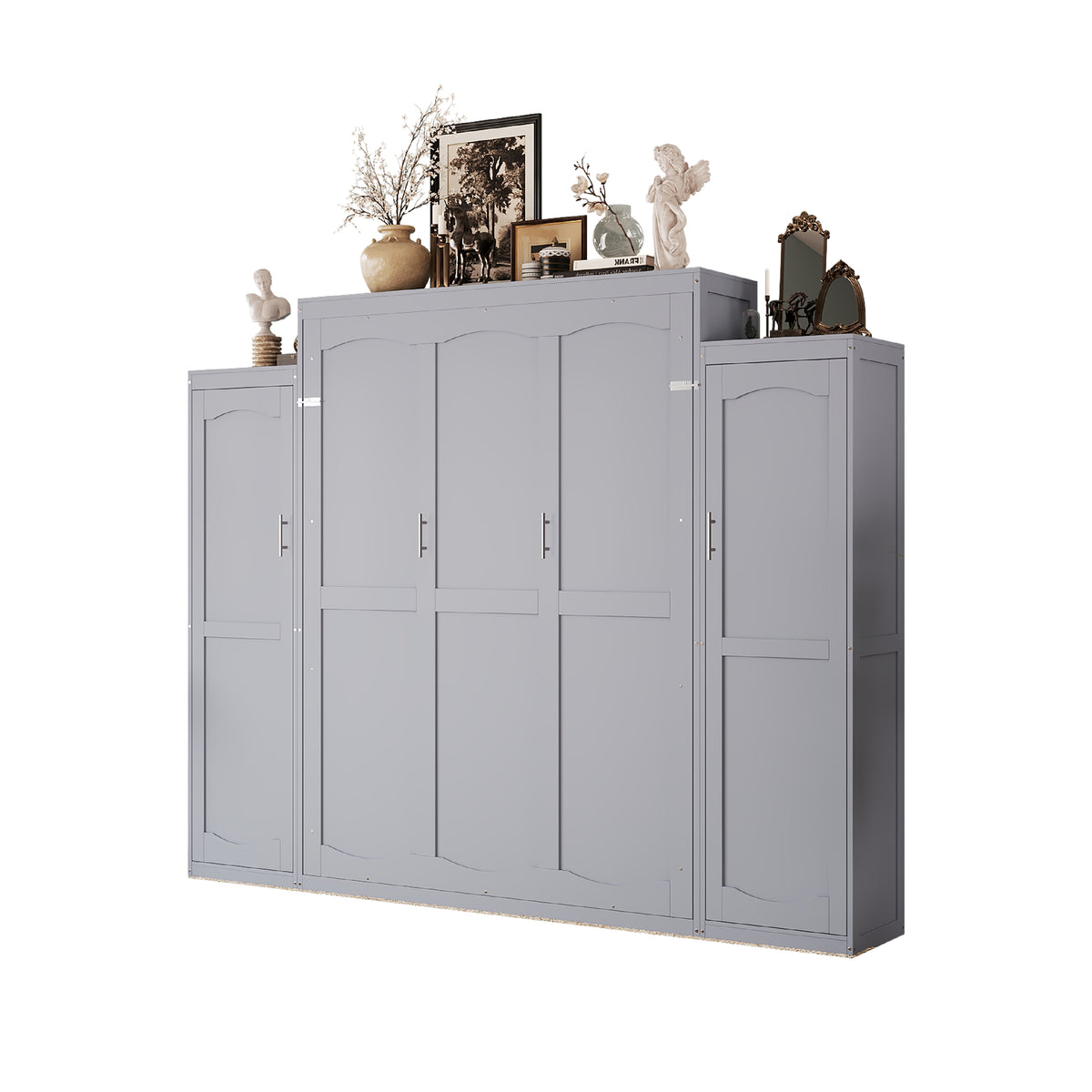 variant-group:rf-n733s235627e|Roomfitters Queen Murphy Wall Bed with Two Wardrobes and Storage Shelf, Foldable Platform Bed Frame for Guest Room, Gray