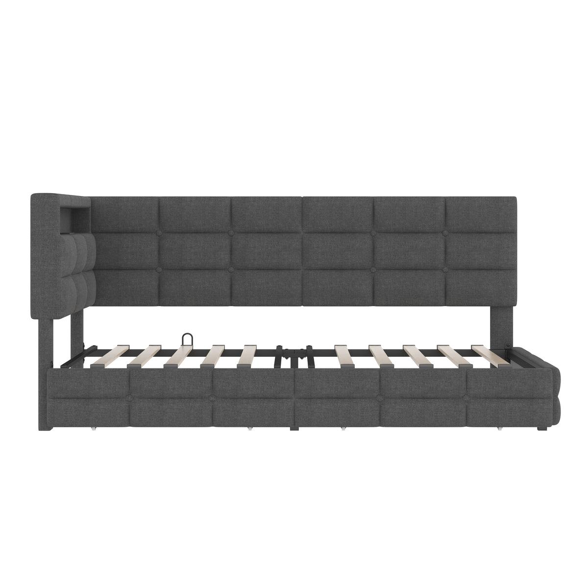 variant-group:rf-n733p285121e|Roomfitters Upholstered Twin Size Daybed with Storage Drawers and Charging Station, Bed Frame with Storage Headboard, No Box Spring Needed, Gray