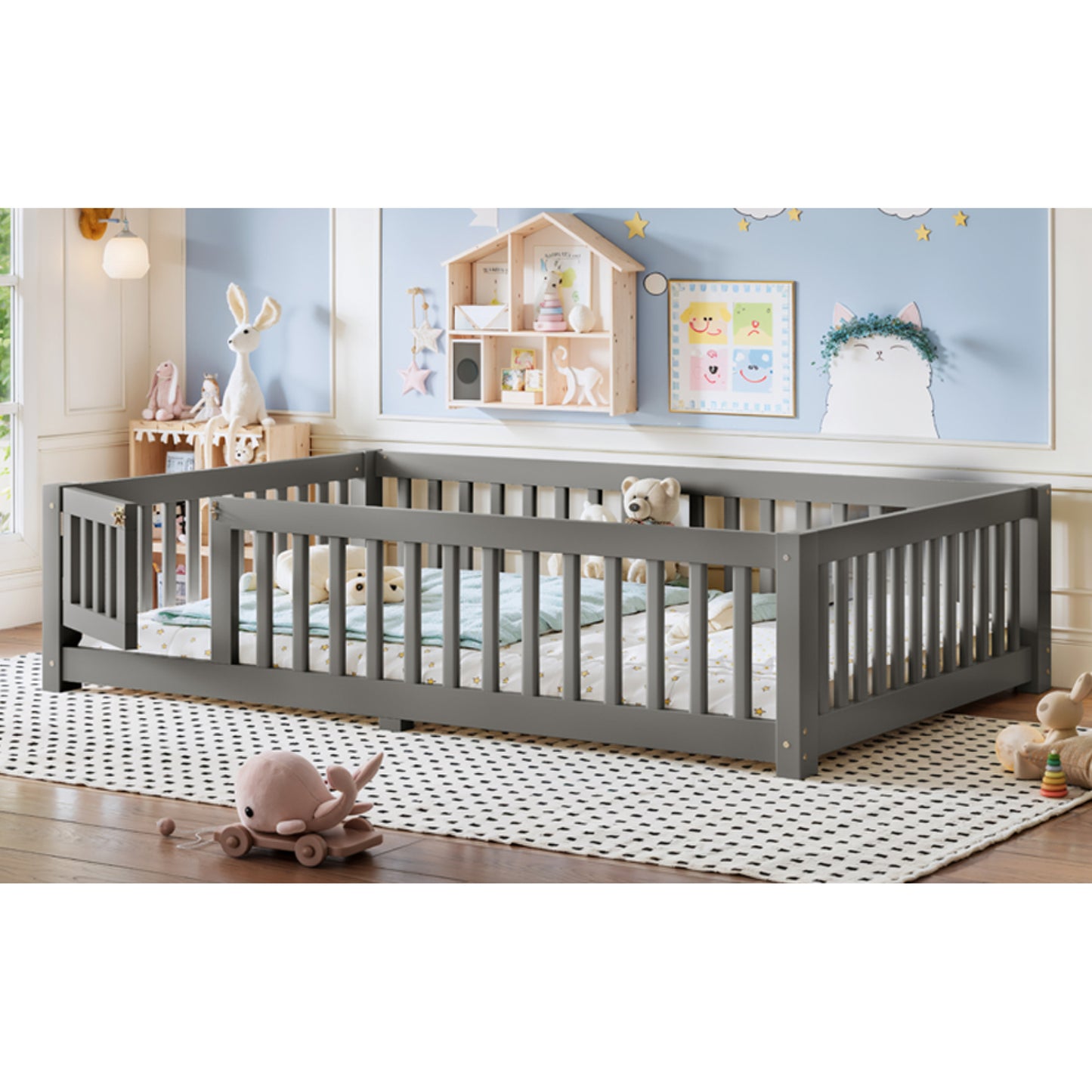 variant-group:rf-w1580p462318|Roomfitters Full Size Wooden Floor Bed Frame with Safety Guardrails Door, Solid Wood Low Profile Toddler Play Bed, Gray
