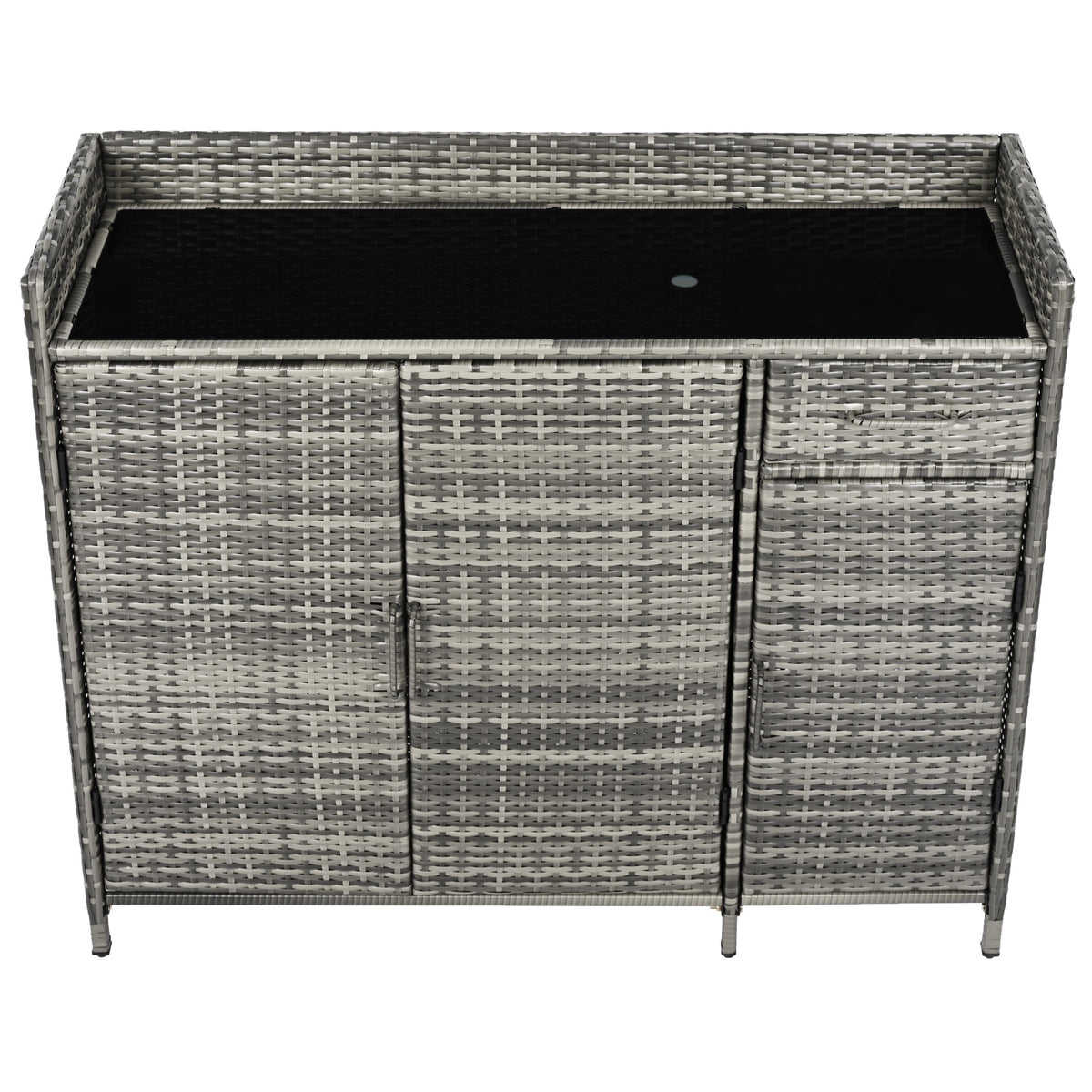 variant-group:rf-n707p233745g|Roomfitters 47.5" Wicker Outdoor Storage Cabinet, Rattan Bar Table with Glass Top, Adjustable Shelf, 3 Doors, Grey