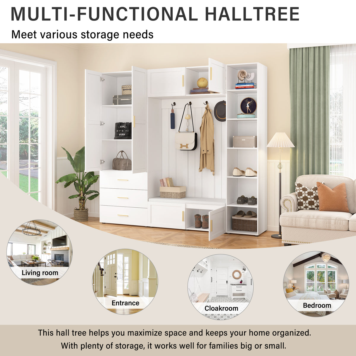 variant-group:rf-n724sj000167aak|Roomfitters American Style Extra-Wide Hall Tree with Padded Cushion Seat, Ancient White