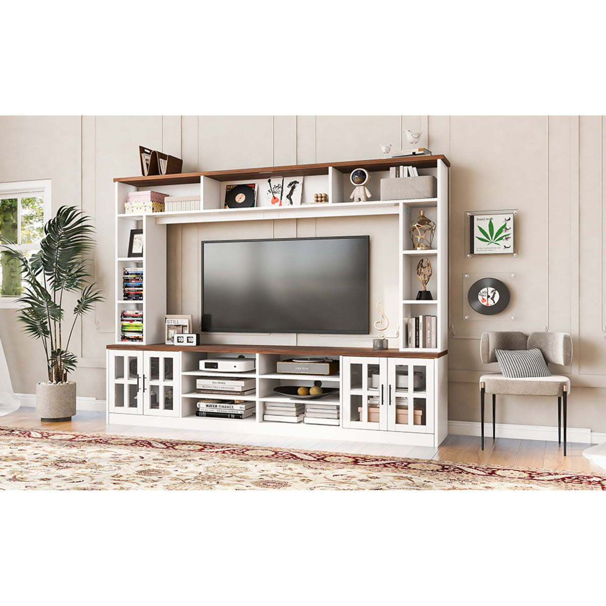 variant-group:rf-n724sj000127aak|Roomfitters Wall Unit Entertainment Center for up to 80 Inch TV, Media Console with Cabinets and Bookshelves, White