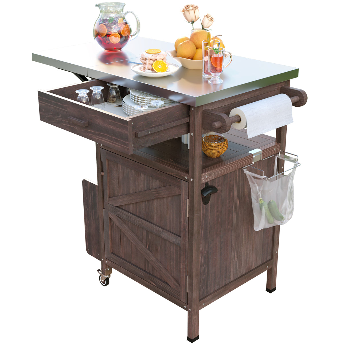 variant-group:rf-n707p228272z|Roomfitters 40.5" Outdoor Grill Cart with Stainless Steel Top, Wood Storage Cabinet, Drop Leaf, Rolling Cart, Brown