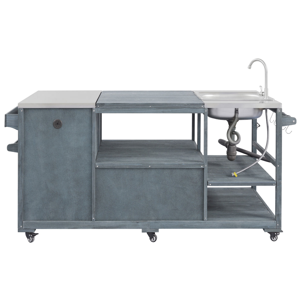 variant-group:rf-n707s000022g|Roomfitters 75.4" Outdoor Kitchen Island with Sink, Fir Wood Grill Cart for XL Green Egg & Tabletop Grills, Grey Blue