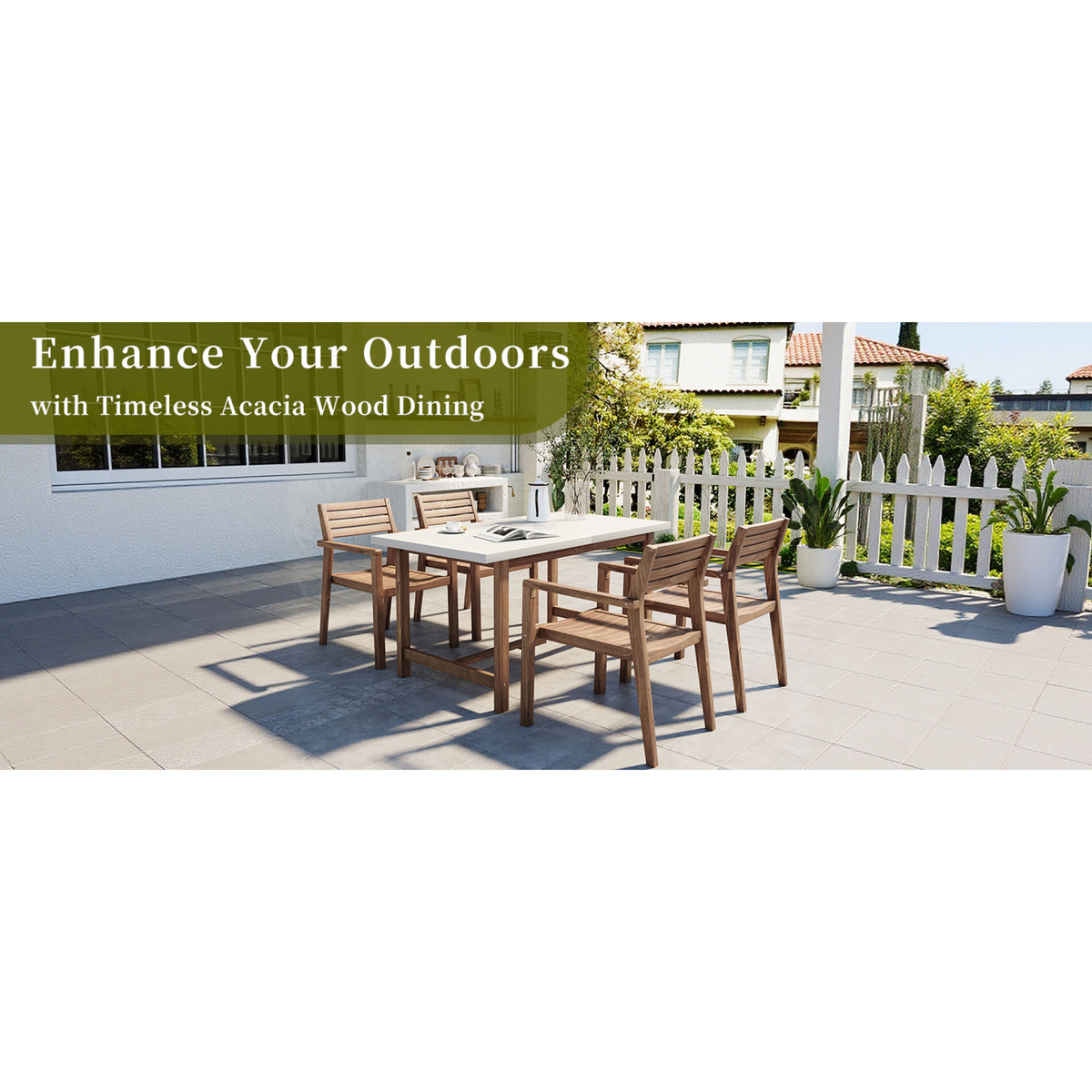 variant-group:rf-n711wy000477aad|Roomfitters Farmhouse 5-Piece Outdoor Dining Set for 4, 59-Inch Rectangular Table, Umbrella Hole, Light Grey Acacia